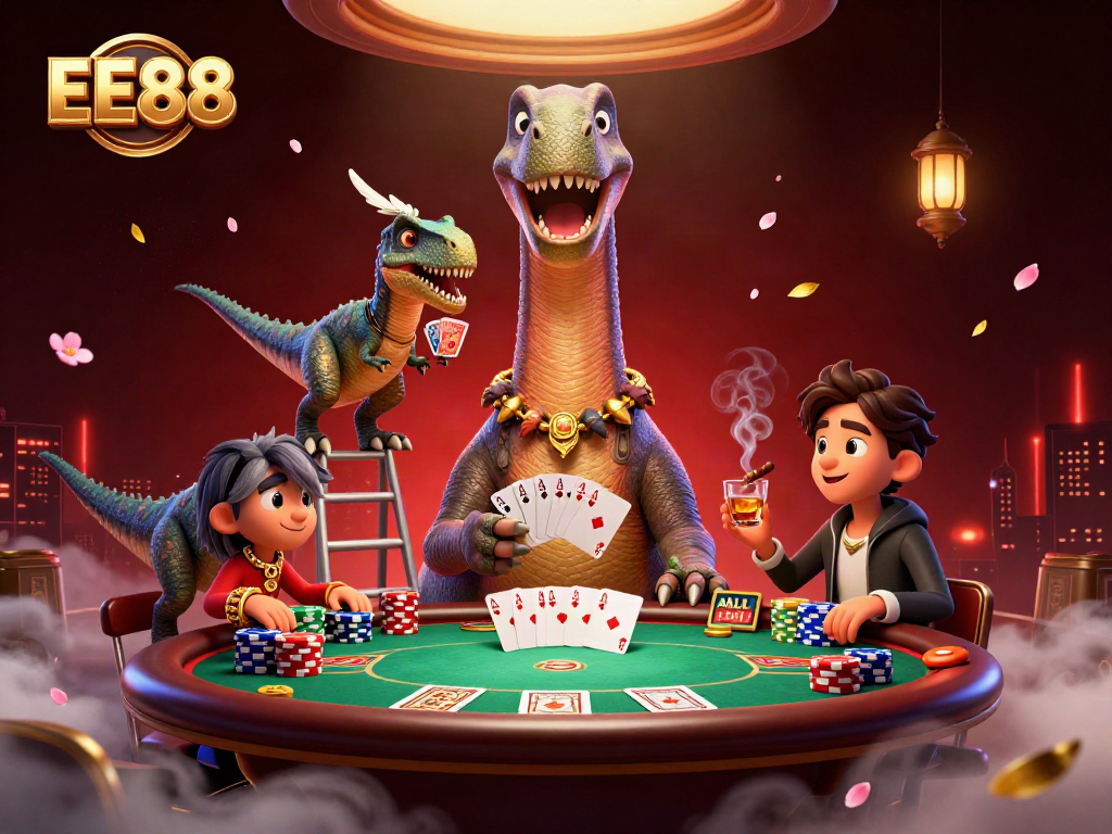 Engage with EE88 casino adventures featuring a playful dinosaur and vibrant poker elements.